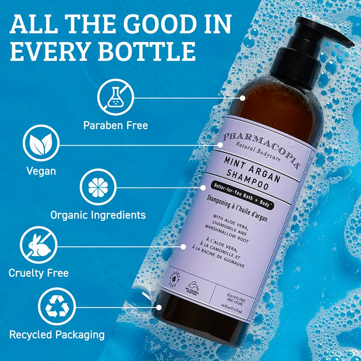 Pharmacopia Mint Argan Shampoo features Recycled Packaging